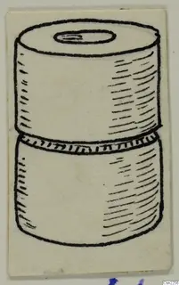 Drawing of a cylindrical object in two stacked sections, with a small oval opening on top and a notched band at the join.