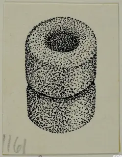 Stippled ink drawing of a short cylindrical object with a dark hole at one end and a horizontal groove around its middle.