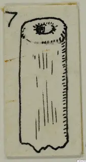 Pen drawing of a cylindrical object with a circular opening at the top, on a small card, with a number label in the corner.