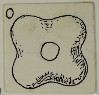 Pen drawing of a flat object with a waisted, two-lobed outline and a large round hole near the centre.