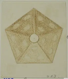 Drawing of a pentagonal object with a round central hole, shaded in brown crayon