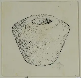 Stippled ink drawing of a vessel with an oval opening at the top, shown on a pale card.