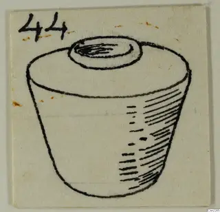 Pen sketch of a straight-sided vessel with a wide circular opening on top and shaded lines down one side