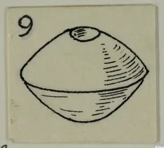Pen drawing of a small object with a bulging body and a perforated oval top, on a card with a number label