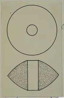 Drawing of a disc-shaped object with a central hole, and below it a side view of a lens-shaped piece with a central band.