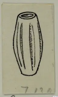 Pen drawing of a barrel-shaped object with a hole at the top and vertical grooves down its sides.