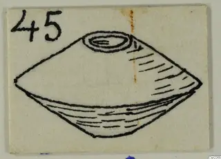 Pen drawing of a cone-shaped object with a round opening at the top, on a card with a number label.