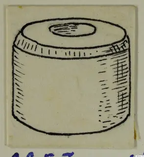 Ink drawing of a short cylindrical object with a small oval opening in its flat top.