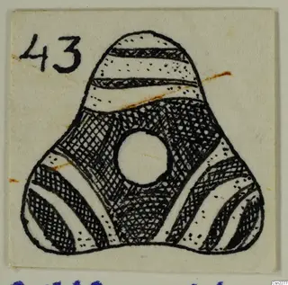 Drawing of a three-lobed object with a large central hole and banded cross-hatched decoration, with a number label.