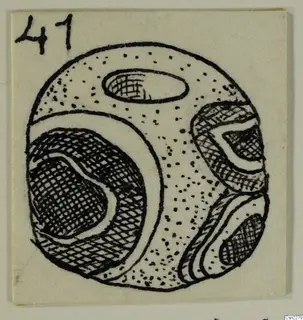 Drawing of a round object with hatched bands and dotted areas, with a handwritten number label in the upper left
