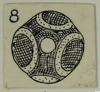 Ink drawing of a rounded, pierced object with cross-hatched oval panels and dotted bands, on a card.