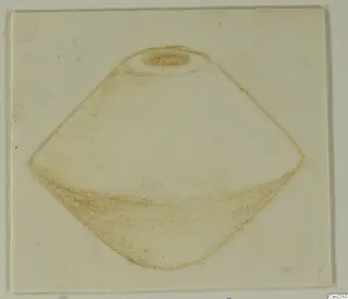 Drawing of a double-cone object with a hole at its top, in brown line on a cream card.