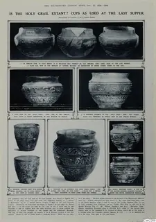 Printed newspaper page with photographs of glass cups, the page captioned around the holy grail