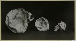 Three weathered fragments of blown glass lying in a row on a dark background