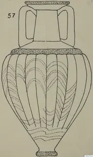 Field drawing of a ribbed two-handled vessel with dotted decoration, with a number label at top left