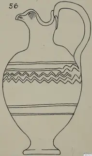 Field drawing of a jug with a beaked spout, a tall strap handle and zigzag bands on the body