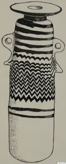 Field drawing of a sand-core glass vessel from Fossing, tall with two small loop handles and zigzag bands