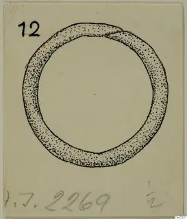 Stippled ink drawing of a plain lead ring on a cream card