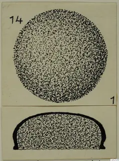 Drawing of a lead object: a stippled circular view above and a dome-shaped cross-section below