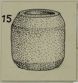 Drawing of a squat cylindrical container with a wide open mouth and dotted shading