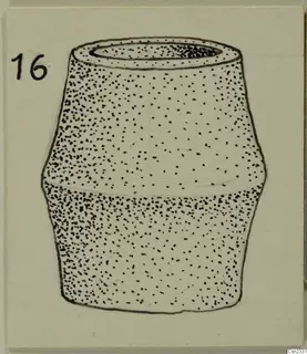 Drawing of a lead container with a wide mouth and a ridge at mid-height, stippled surface