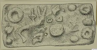 Stippled ink drawing of a rectangular lead plaque with circular and hand-like motifs