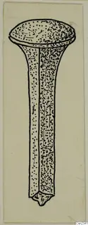 Ink drawing of an iron nail with a domed head and a square, tapering shank