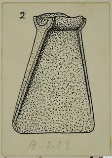 Ink drawing of an axe from Amathus, tapering with a flared top and a stippled surface