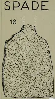 Drawing of an iron spade with a narrow socket at the top, shown upright with stippled shading