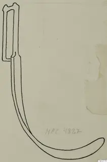 Line drawing of an iron tool with a rectangular socket at one end and a long curved blade ending in a hook.