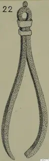 Sketch drawing of a gripping claw tool with a ring at the top and two long curved arms