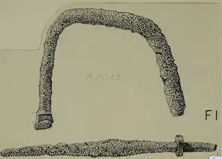 Drawing of two iron tool parts from Amathus: a curved bar and a straight rod with a collar.