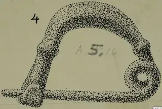 Stippled drawing of an arched iron tool with a small ring at one end, from Amathus tombs 1–9