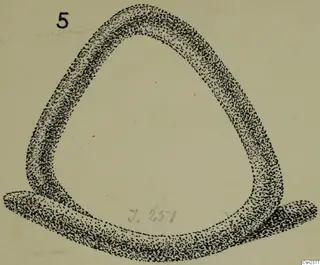 Stippled drawing of an iron object with a rounded triangular loop and a flat extension at its base