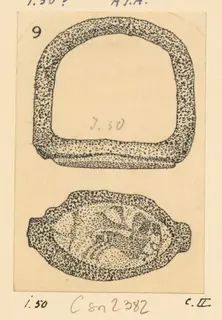 Pen-and-ink drawing of an iron finger ring and a flattened oval object, Idalion finds