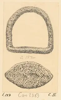 Drawing of two objects: an arch-shaped ring with a flat base above a lens-shaped object with pointed ends