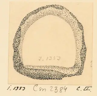 Stippled drawing of an arch-shaped ring object with a flat lower edge, from the Idalion iron tools series