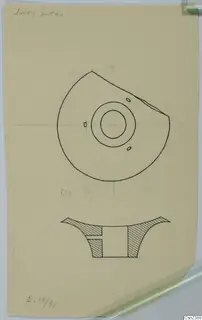 Field drawing of a round object in plan and cross-section, with a central ring and two small holes