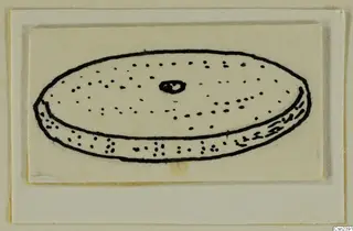 Drawing of a flat disc-shaped object with a central hole and dotted decoration, from the Kastros tombs at Lapithos