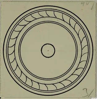 Drawing of a round object seen from above, with a scalloped band between concentric rings and a small central circle