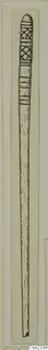 Line drawing of a long bone object with a rounded head decorated with cross-hatched and ringed bands