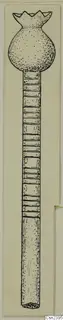 Drawing of a long bone object with a flared, notched head and ringed shaft, from the Kastros tombs at Lapithos