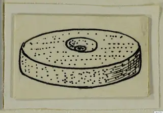 Ink drawing of a flat disc-shaped object with a central boss and rows of small dots on its top and side.