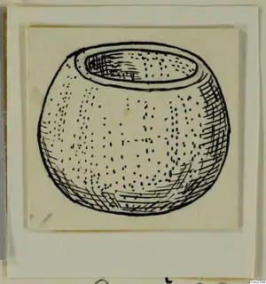 Pen drawing of a squat, round vessel with a wide open rim, mounted on a cream card.