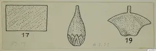 Ink drawing of three objects from Amathus: a rectangular outline, a pear-shaped object with a fluted base, and a fan-shaped object.