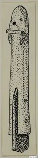 Ink drawing of an elongated bone object from Amathus, rounded at the top, with a horizontal bar through its upper part.