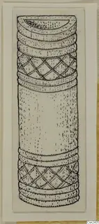 Pen drawing of a cylindrical bone object from Amathus with ringed bands and cross-hatched diamond patterns