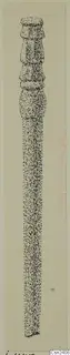 Stippled pen drawing of a bone object from Idalion: a long slender shaft with a ringed, moulded top