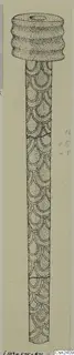 Drawing of a long bone object with a ribbed cylindrical top and a shaft covered in scale-like arcs
