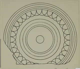 Drawing of a round, disc-like object with concentric rings and a band of scalloped arcs around its rim